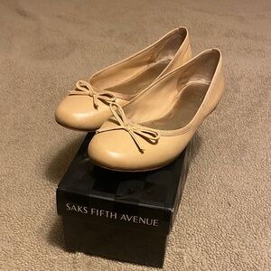 Saks Fifth Avenue Neutral Tan Leather Ballet Flats with Bow Trim